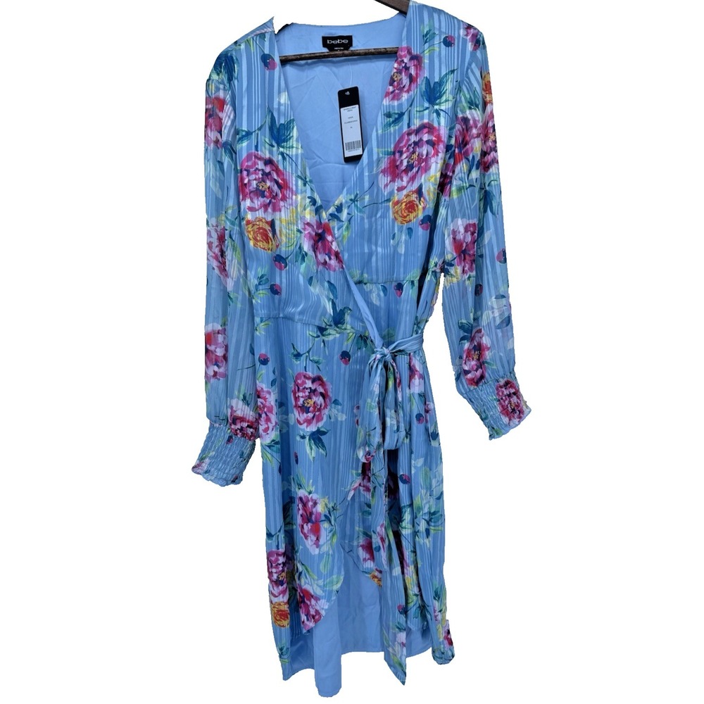 BEBE Long Sleeve Cocktail Wrap Floral‎ Sheer y2k event satin formal business NWT